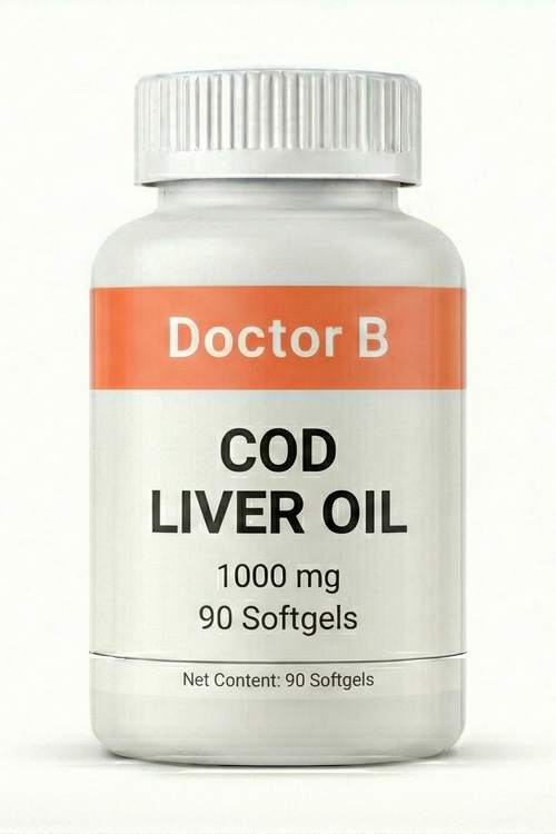 Bottle of Doctor B Cod Liver Oil on a white background