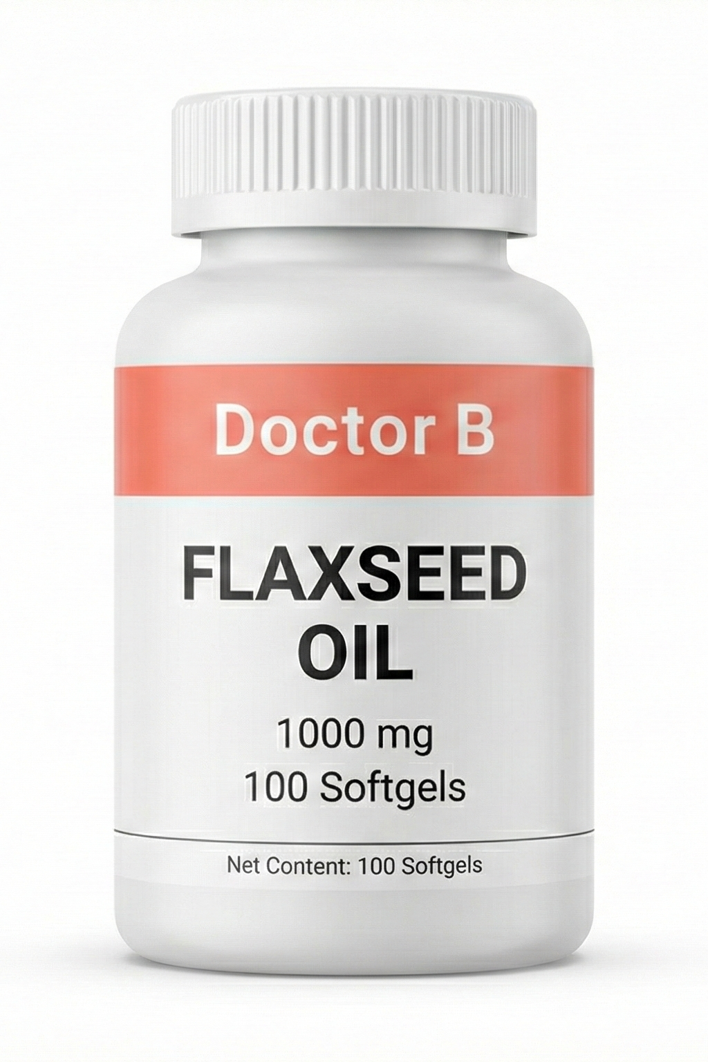 Bottle of Doctor B Flaxseed Oil on a white background