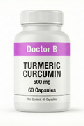 Bottle of Doctor B Turmeric Curcumin capsules on a white background