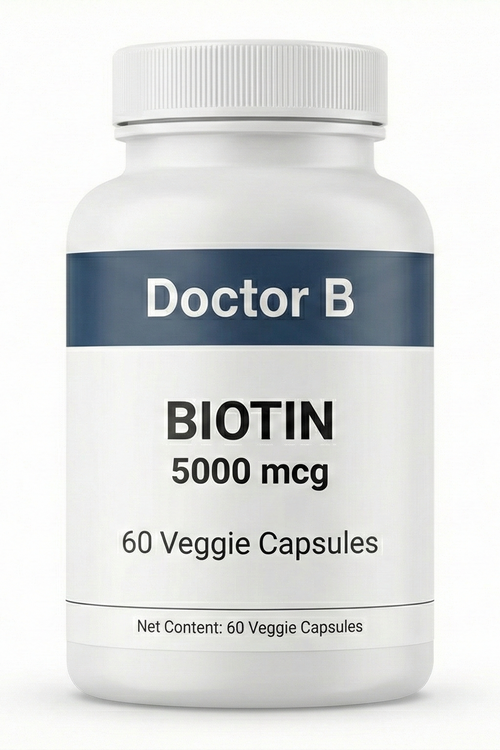 Bottle of Doctor B Biotin 5000 mcg supplement on a white background